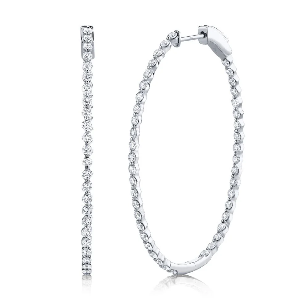 14K White Gold Diamond Oval Hoop Earrings Bezel Set Single Prong Natural 2.62CT0