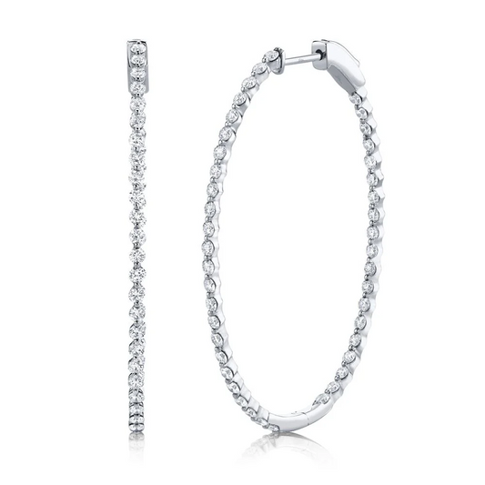 14K White Gold Diamond Oval Hoop Earrings Bezel Set Single Prong Natural 2.62CT0
