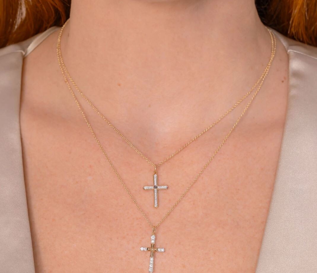 Black White Diamond Cross Pendant Necklace 14K Yellow Gold Natural2
