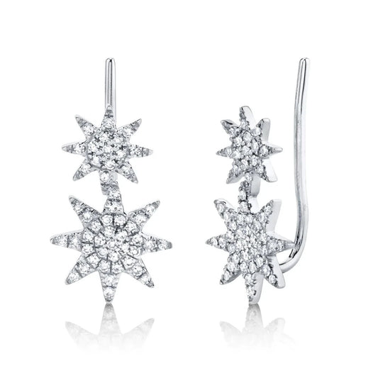 14K White Gold Diamond Star Ear Crawler Climber Earrings Natural Round 0.22ct0