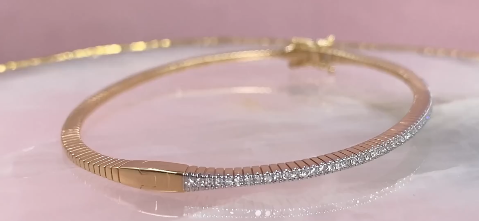 Diamond Ribbed Bangle Bracelet 14K Yellow Gold 0.26 CT Natural Certified2