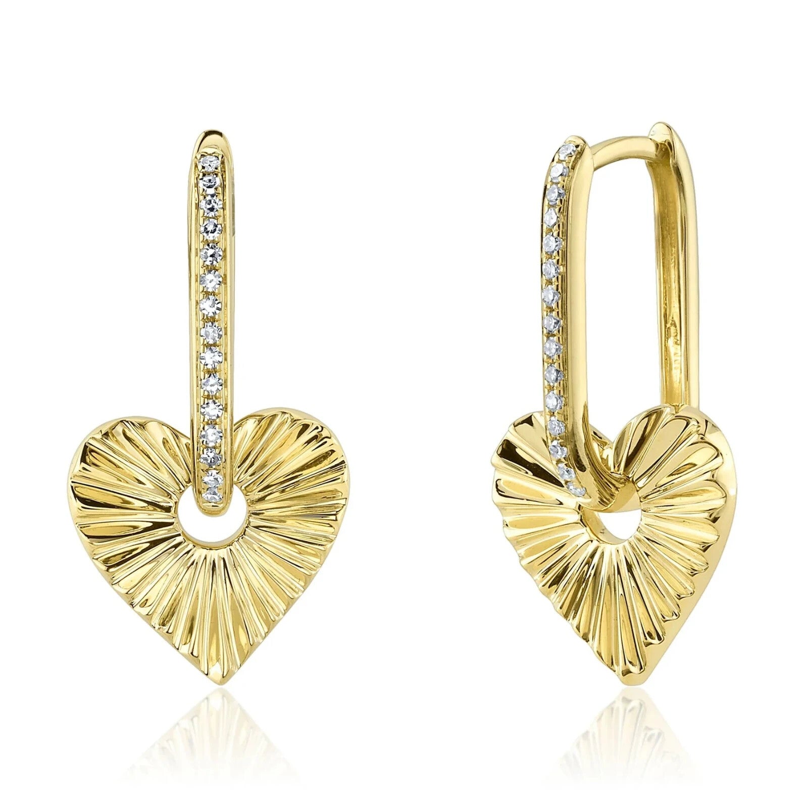 14K Gold Fluted Diamond Heart Earrings Radiating Sunray Round Drop Dangle0