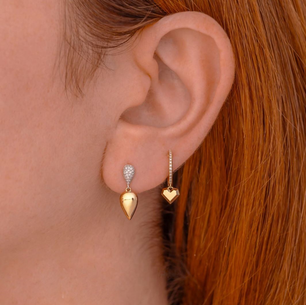 Diamond Teardrop Pear Ribbed Earrings 14K Yellow Gold Pave Set Natural 0.16CT1