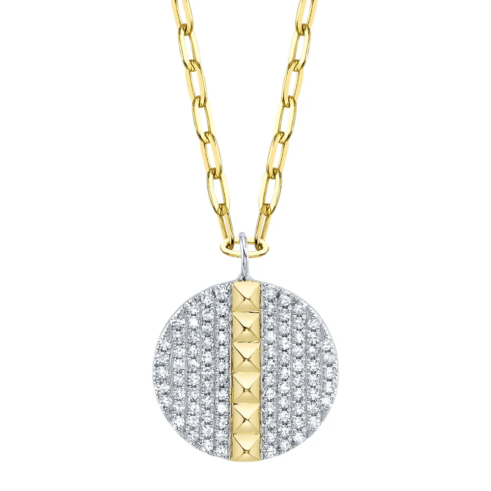 Diamond Circle Disc Pyramid Necklace 14K Gold Pave Set Natural 0.20CT0