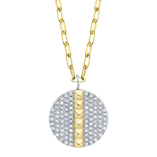 Diamond Circle Disc Pyramid Necklace 14K Gold Pave Set Natural 0.20CT0