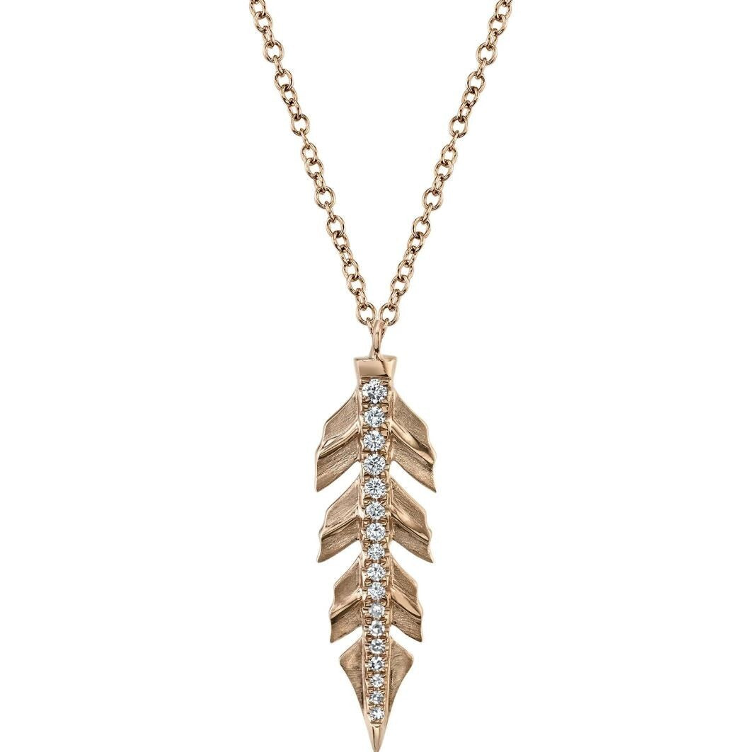Feather Diamond Pendant Necklace 14K Rose Gold Natural 0.09CT Round Matte Finish0