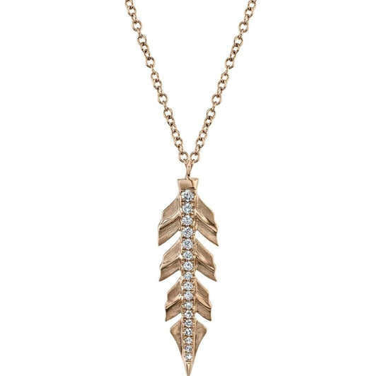 Feather Diamond Pendant Necklace 14K Rose Gold Natural 0.09CT Round Matte Finish0