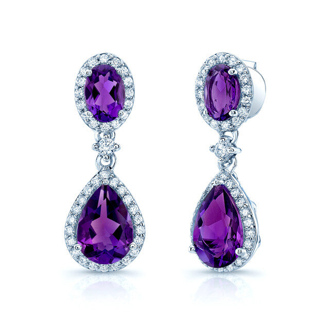 Amethyst Diamond Earrings 14k White Gold Pear Oval Teardrop Dangle 0.73ctw0