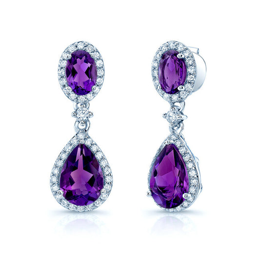 Amethyst Diamond Earrings 14k White Gold Pear Oval Teardrop Dangle 0.73ctw0