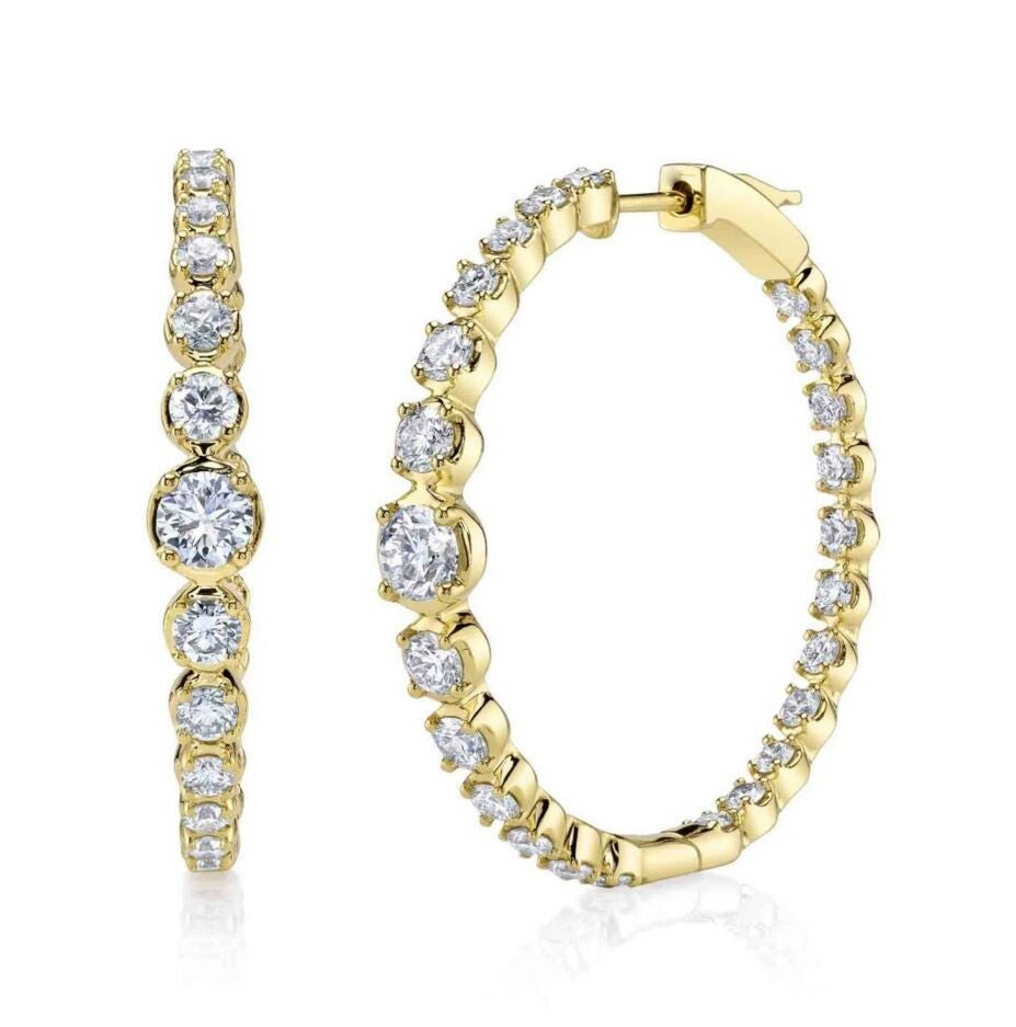 Diamond Hoop Earrings 14K Yellow Gold Inside Out 3.66CT Natural 1.40 Diameter0