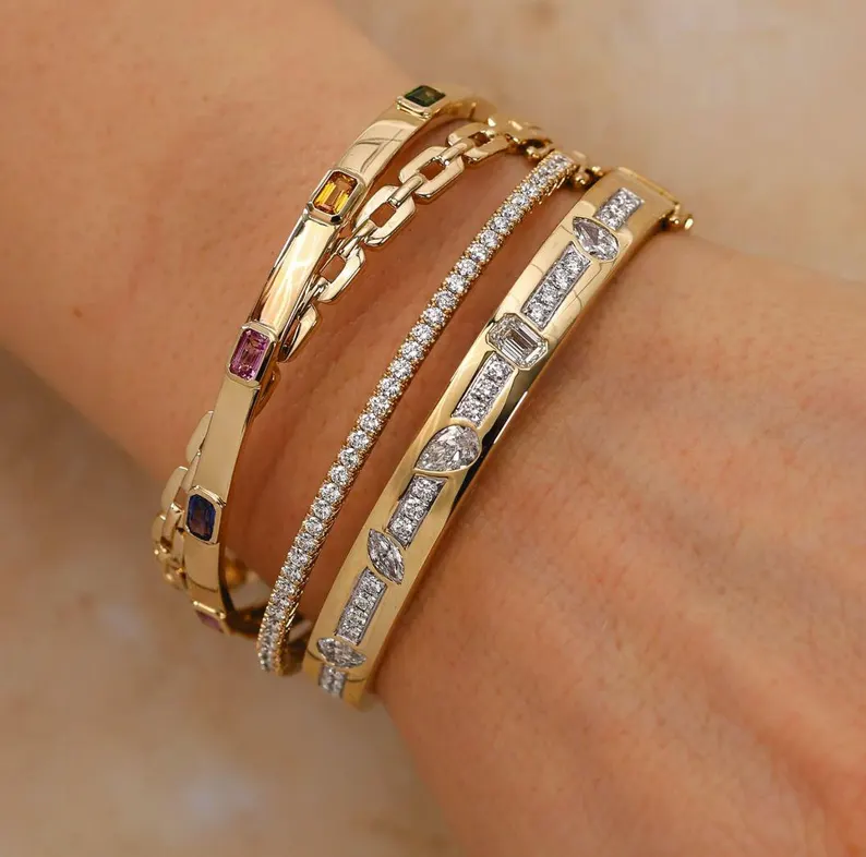 Gemstone Rainbow Bangle Bracelet 14K Yellow Gold Multicolor Crossover X Link1