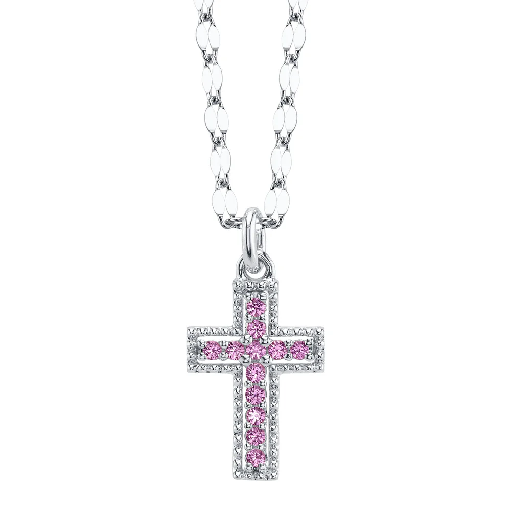 Pink Sapphire Cross Pendant Necklace 14K White Gold Natural 0.11CT0