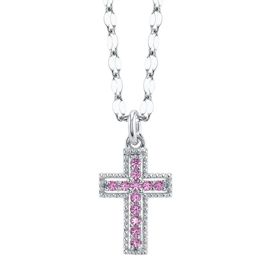 Pink Sapphire Cross Pendant Necklace 14K White Gold Natural 0.11CT0