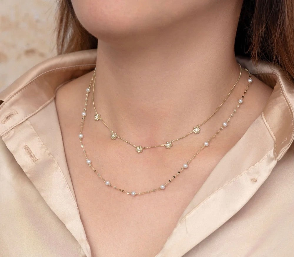 Diamond Flower Station Necklace 14K Yellow Gold Ball Chain Natural 0.11CT Round1