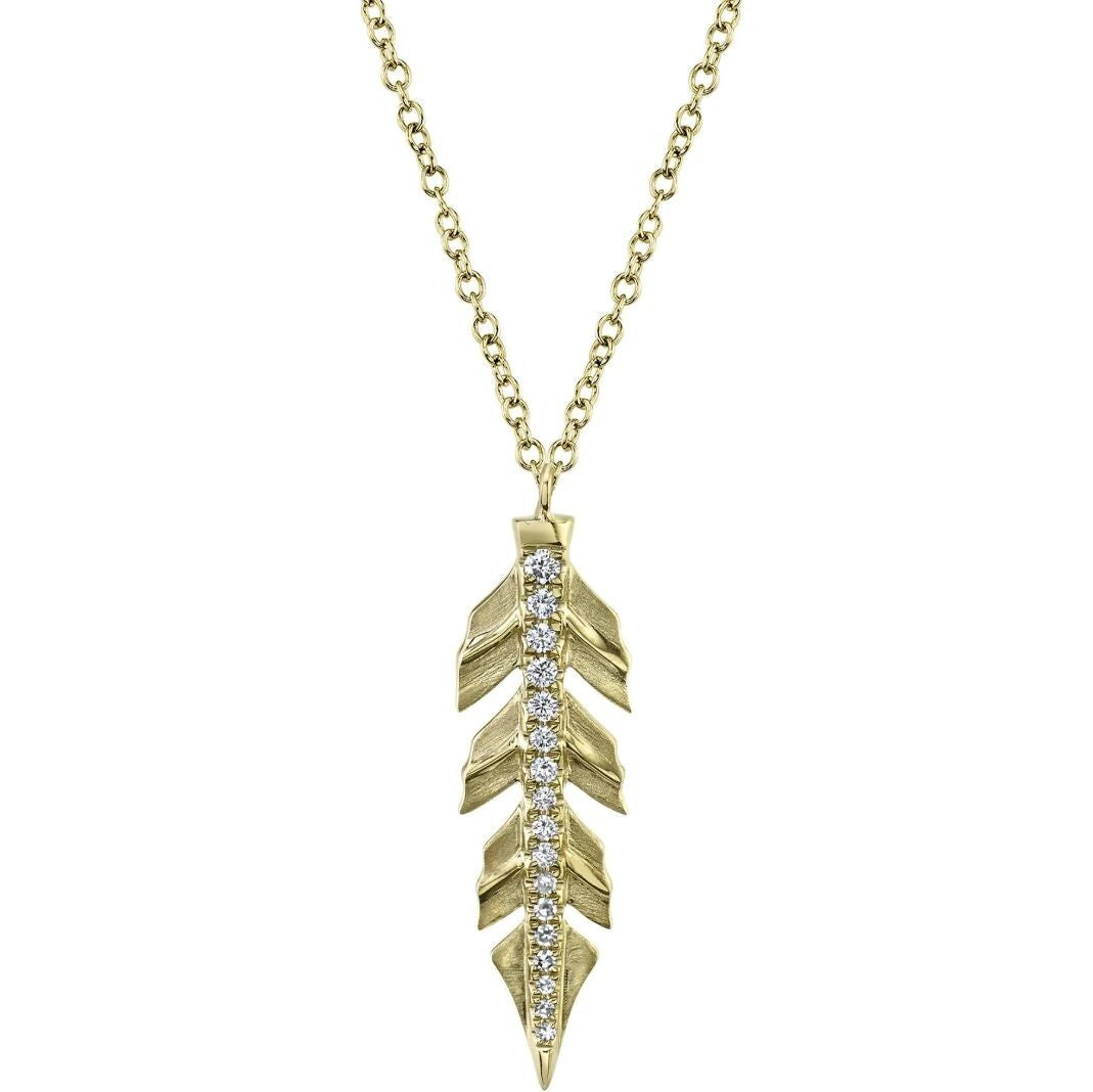 Diamond Feather Pendant Necklace 14K Yellow Gold Natural 0.09CT Round Matte0
