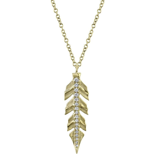Diamond Feather Pendant Necklace 14K Yellow Gold Natural 0.09CT Round Matte0