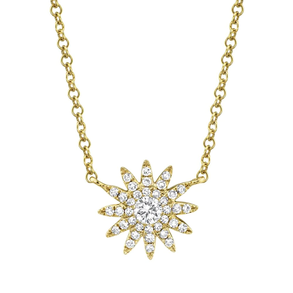 14K Yellow Gold Diamond Starburst Necklace Pendant Natural Round Cut 0.15 CT0