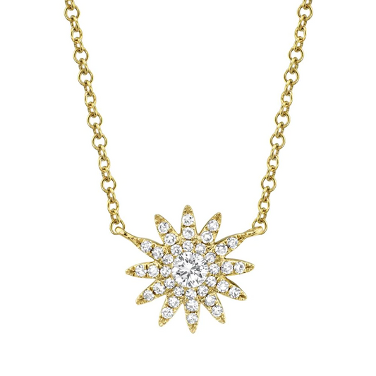 14K Yellow Gold Diamond Starburst Necklace Pendant Natural Round Cut 0.15 CT0