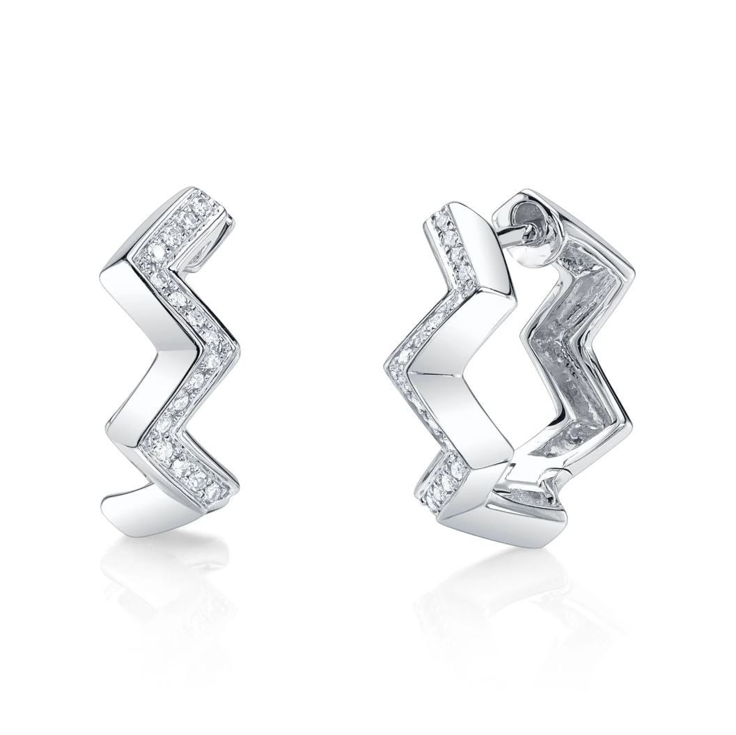 Diamond Zig Zag Huggie Earrings 14K White Gold Natural 0.10 CT Certified0