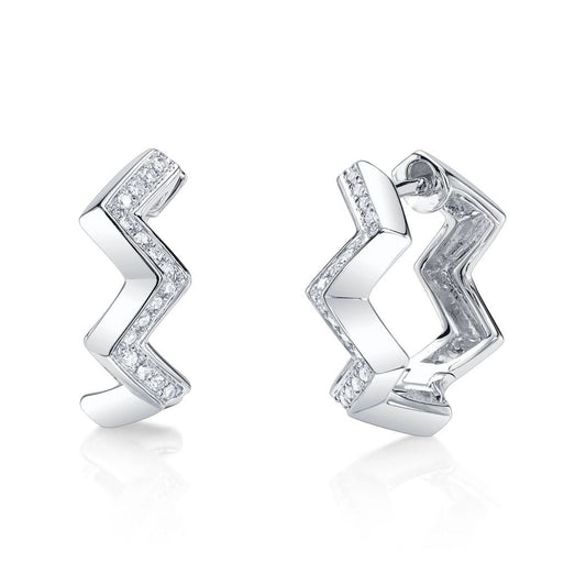 Diamond Zig Zag Huggie Earrings 14K White Gold Natural 0.10 CT Certified0