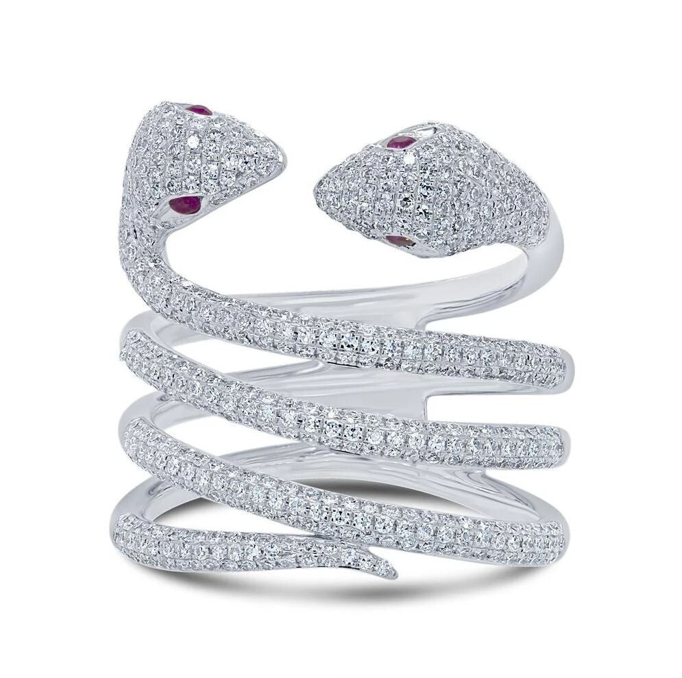 Diamond Ruby Snake Ring 14K White Gold 2 Head Wrap Swirl Cocktail Natural 1.13CT1