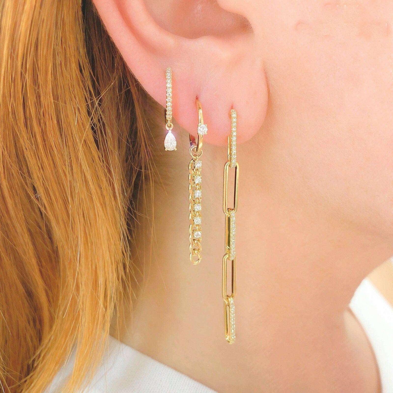 Diamond Paper Clip Earrings Links 14K Yellow Gold Drop Dangle Natural 0.24CT1