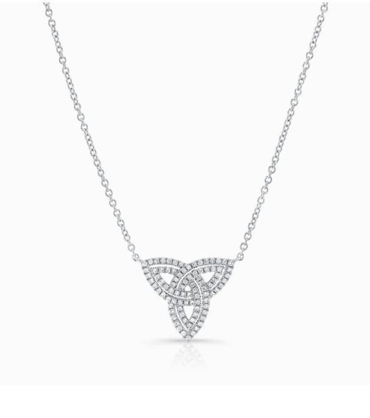Diamond Trinity Knot Necklace 14K White Gold Certified Natural 0.45 CT0