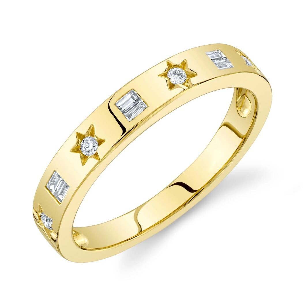 Diamond Star Band Ring 14K Yellow Gold Baguette Round Cut Natural 0.15 CT0