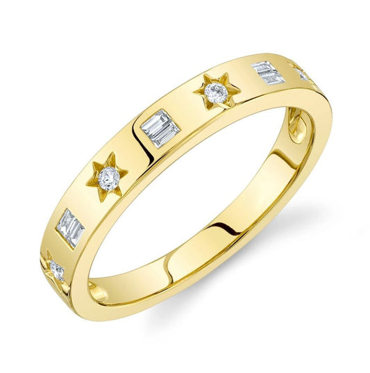 Diamond Star Band Ring 14K Yellow Gold Baguette Round Cut Natural 0.15 CT0