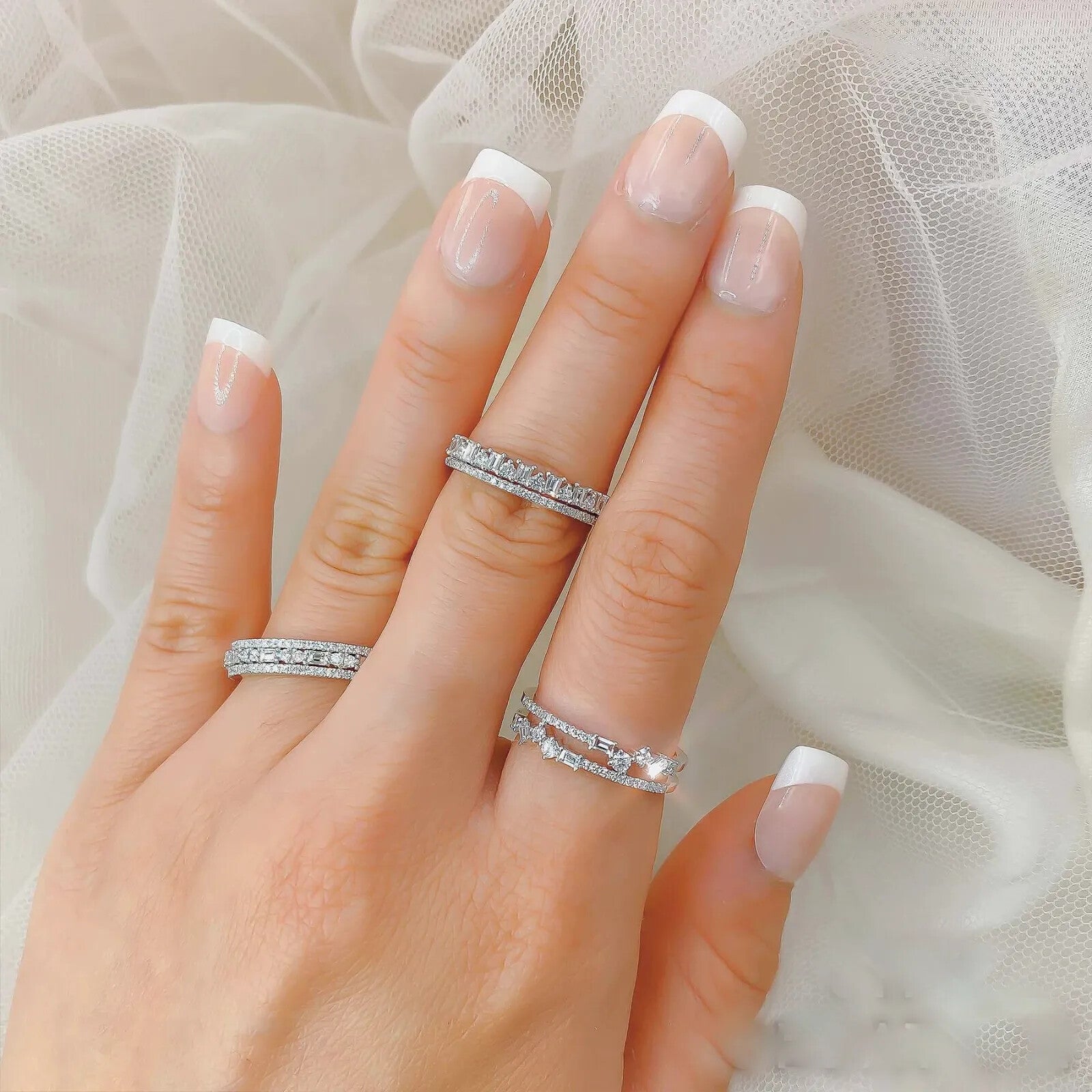 14K White Gold Diamond 2 Band Ring Baguette Round Cut Natural 0.34 CT1