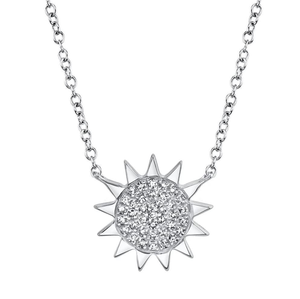 Diamond Sun Necklace Pendant 14K White Gold Natural Pave Set 0.08 CT0
