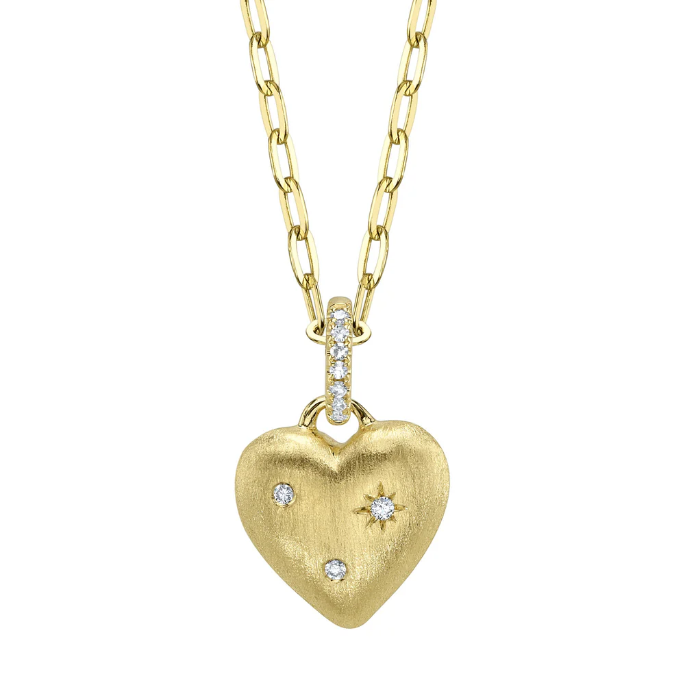 Diamond Heart Star Necklace 14K Yellow Gold Matte Puffy Charm Natural  0.04CT0