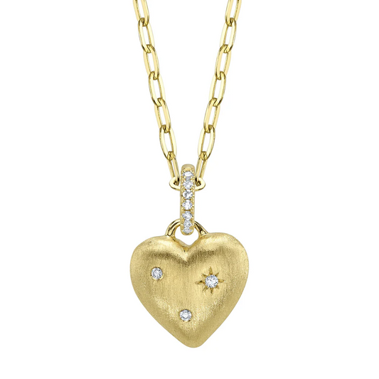 Diamond Heart Star Necklace 14K Yellow Gold Matte Puffy Charm Natural  0.04CT0