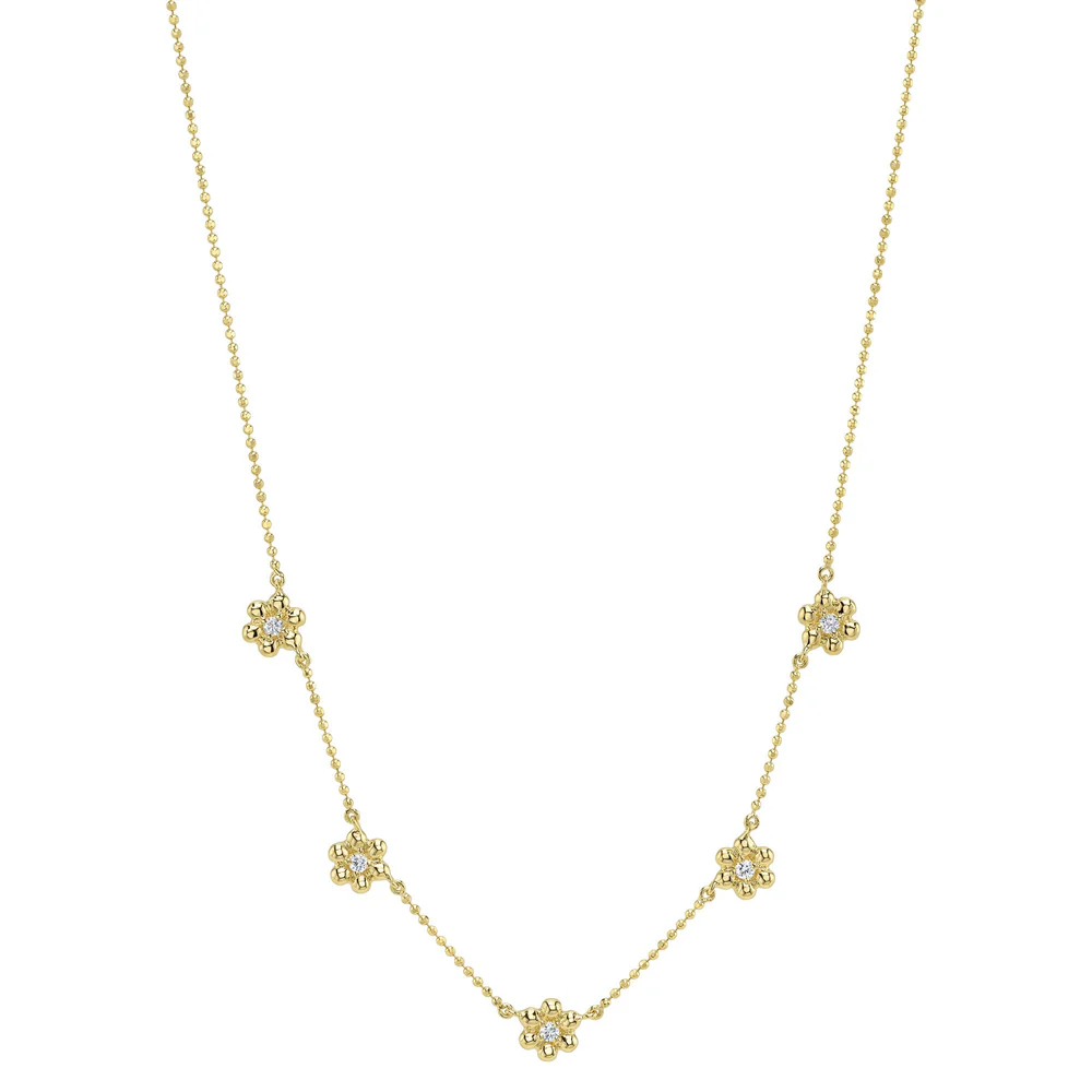 Diamond Flower Station Necklace 14K Yellow Gold Ball Chain Natural 0.11CT Round0