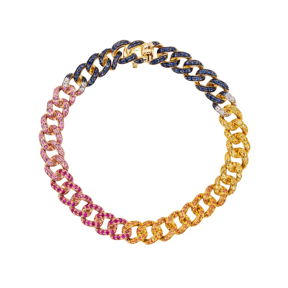 Gemstone Diamond Rainbow Curb Chain Link Bracelet 14K Gold Natural Multicolor0