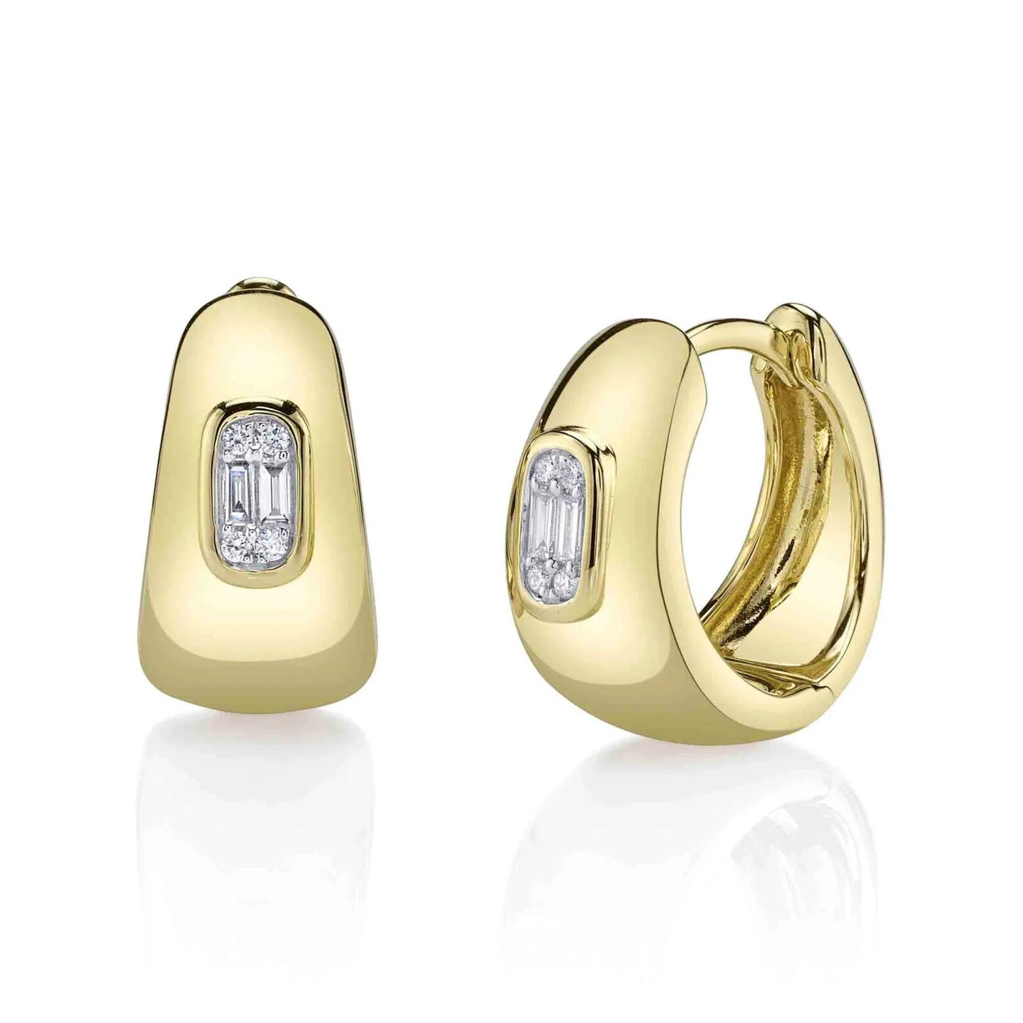 14K Rose Gold Diamond Huggie Earrings Baguette Round Natural 0.10CT Huggy Hoop2