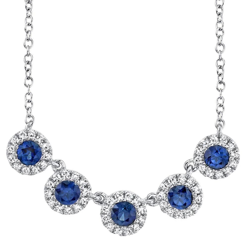 Blue Sapphire Diamond Necklace 14K White Gold 5 Stone Station Pendant 0.65TCW4