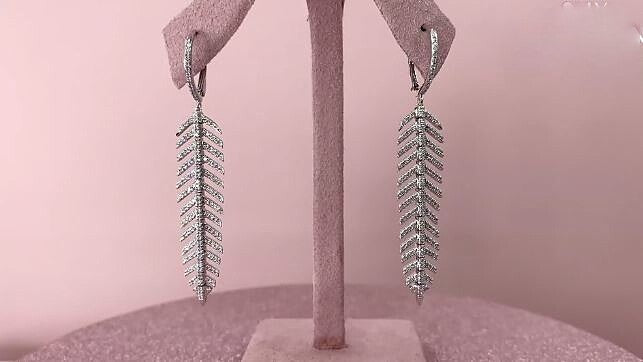 14K White Gold Diamond Feather Earrings Dangle Drop Natural Round Cut Leverback3