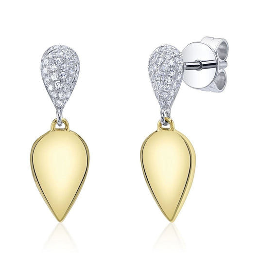 Diamond Teardrop Pear Ribbed Earrings 14K Yellow Gold Pave Set Natural 0.16CT0