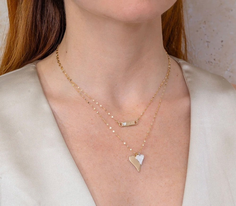 Diamond Heart Mom ID Charm Pendant Necklace 14K Yellow Gold Bar1