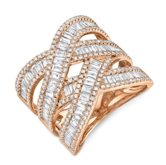 14K Rose Gold Diamond Crisscross Bridge X Ring Crossover Natural 2.12CT0