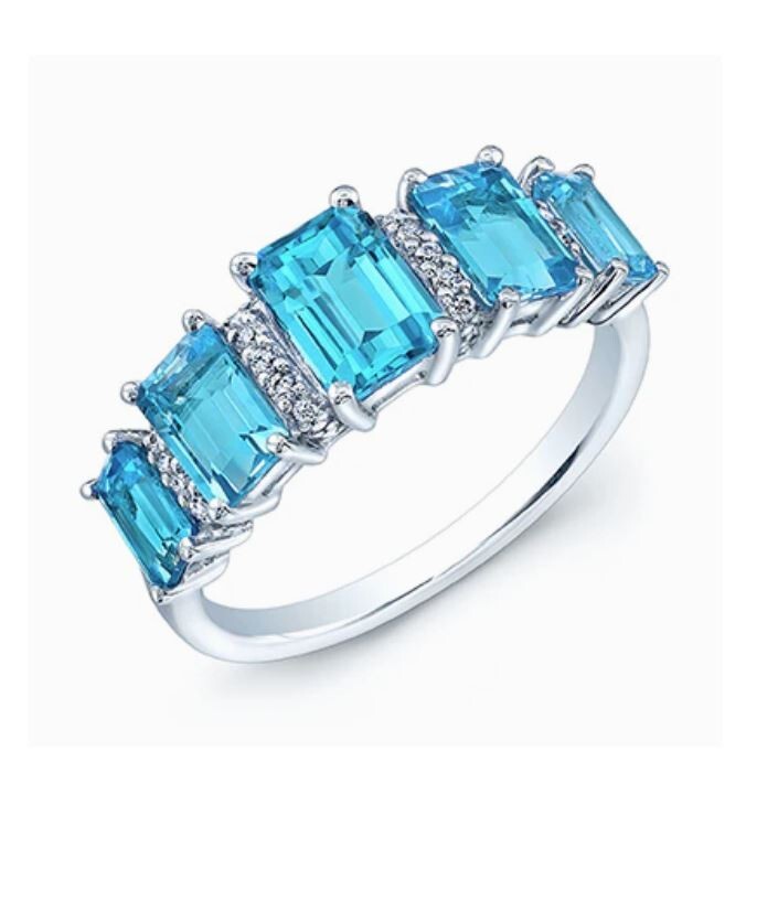Swiss Blue Topaz Diamond Ring 14K White Gold 5 Stone Emerald Cut 3.17TCW Natural1