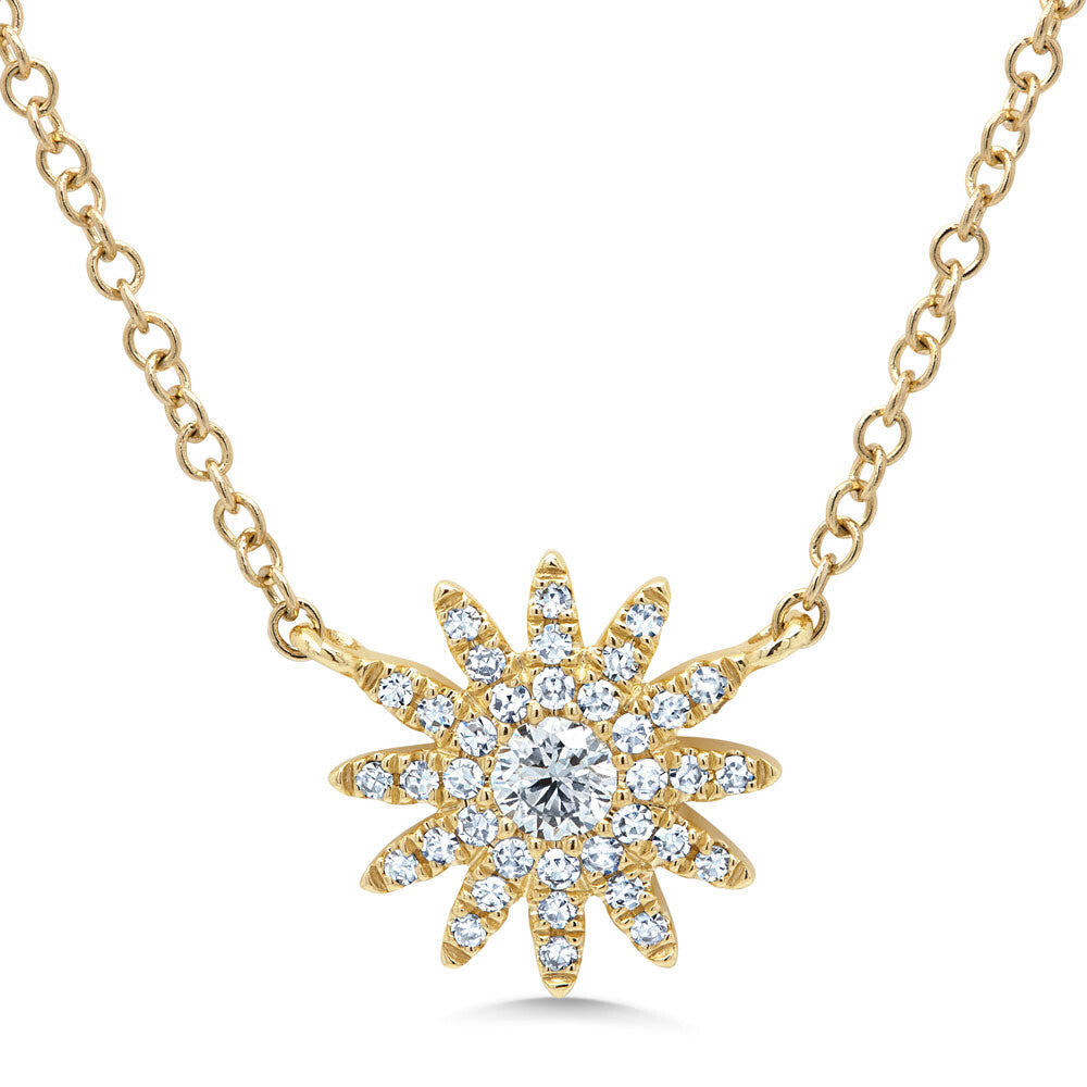 14K Yellow Gold Diamond Starburst Necklace Pendant Natural Round Cut 0.15 CT3