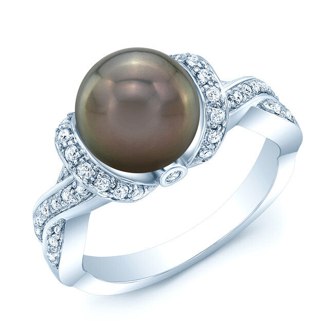 Black South Sea TahitianPearl Diamond Ring 14K White Gold Cocktail Natural0