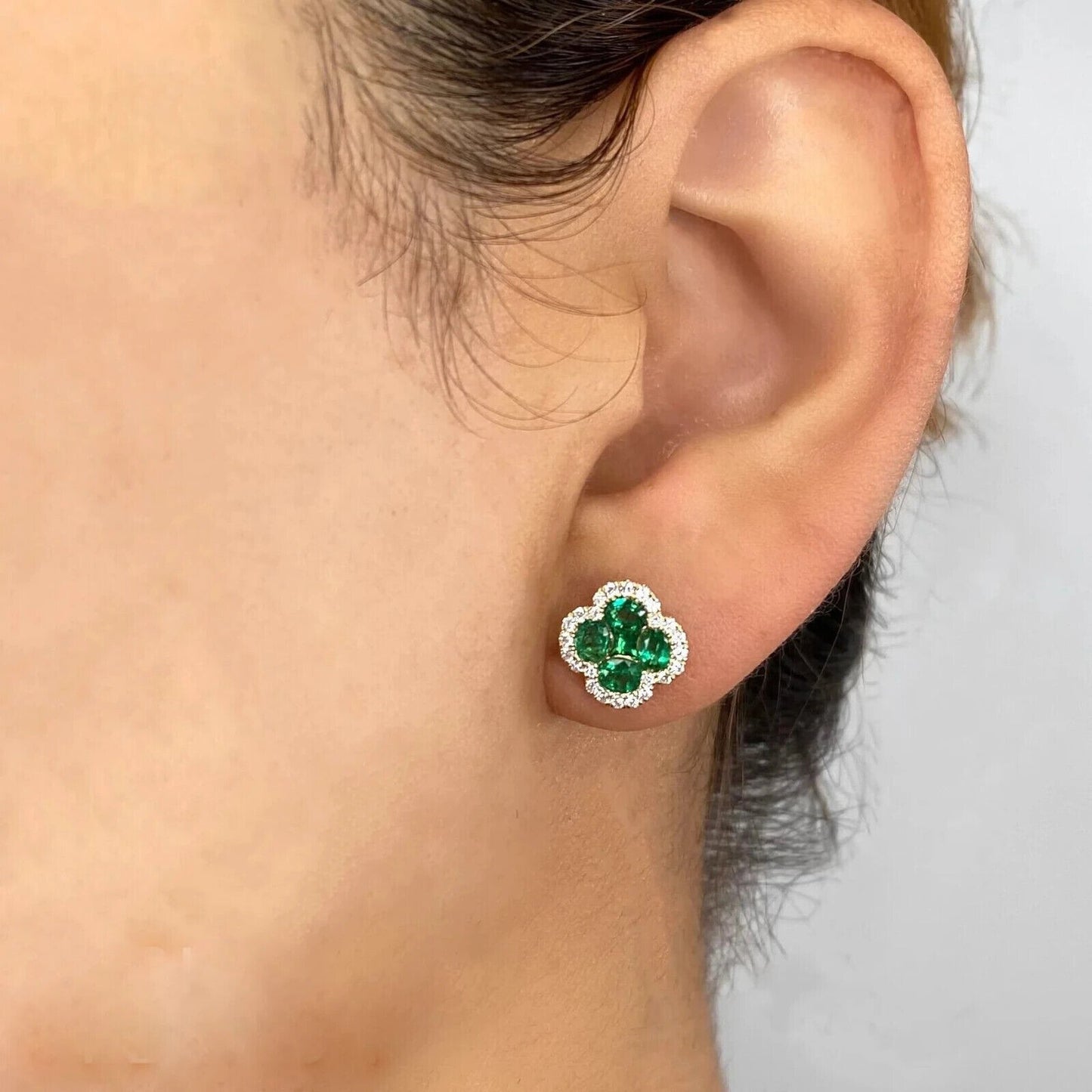 14K Yellow Gold Emerald Clover Diamond Stud Earrings Natural 1.62 TCW1