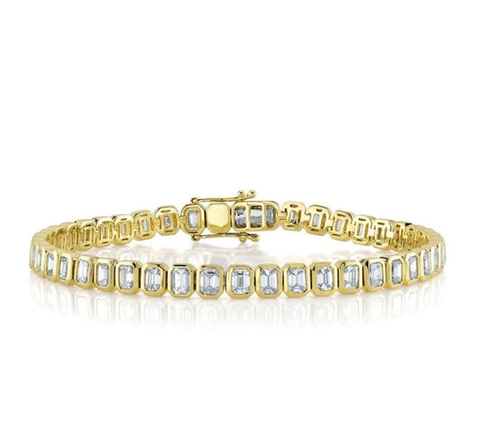6.60CT Emerald Cut Diamond Tennis Bracelet 14K Yellow Gold Bezel Natural Cert0