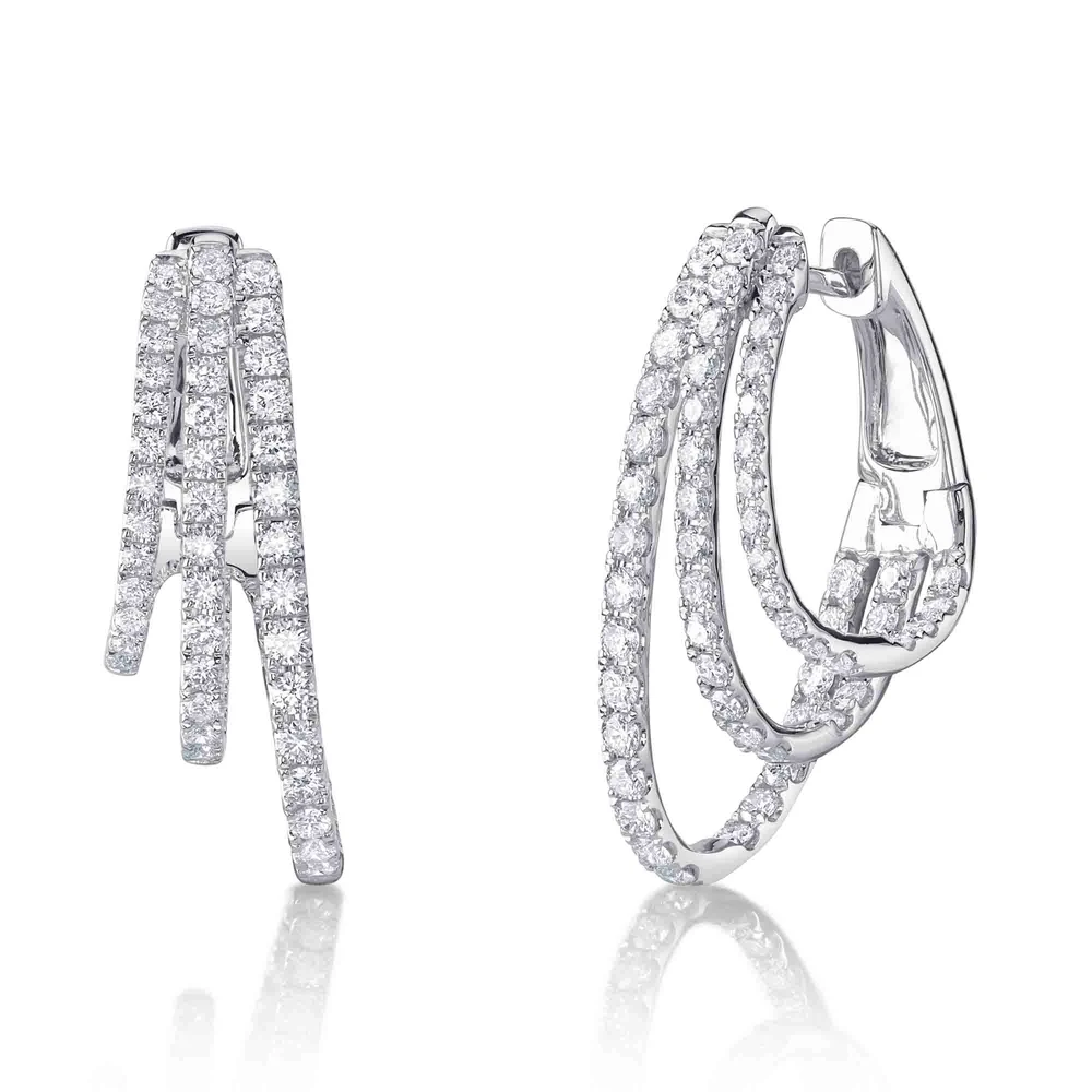 Diamond 3 Hoop Oval Earrings 14K White Gold Natural 1.58 CT Three Rows0