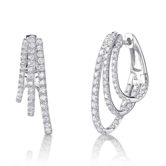 Diamond 3 Hoop Oval Earrings 14K White Gold Natural 1.58 CT Three Rows0