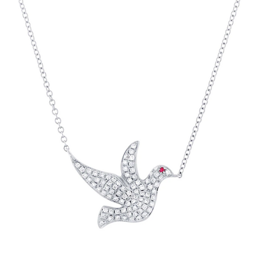 Diamond Dove Bird Necklace 14K White Gold Ruby Certified Natural 0.28 CT0