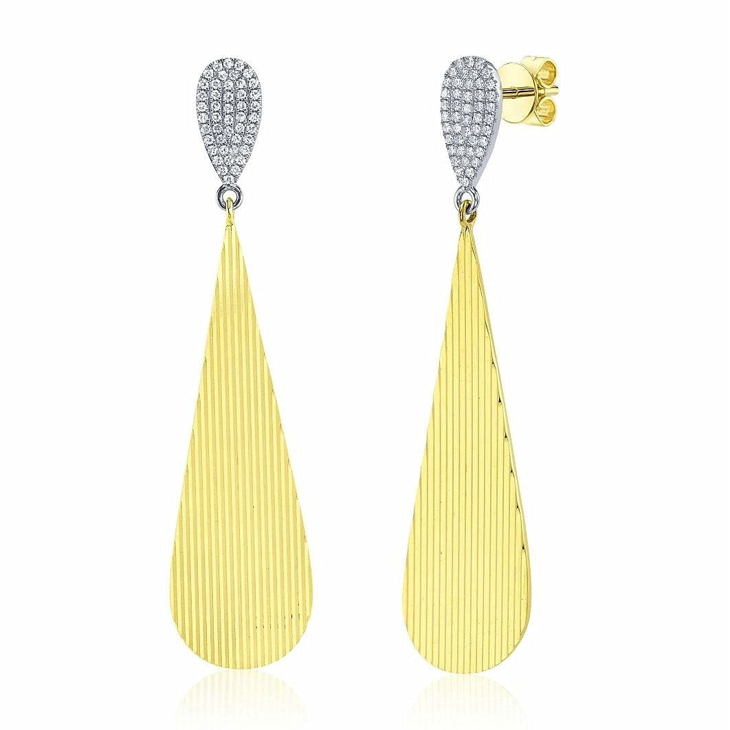 Diamond Teardrop Pear Ribbed Earrings 14K Yellow Gold Dangle Pave Set Natural0